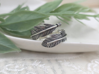 Sterling Feather Ring / Adjustable  / Bypass Ring /