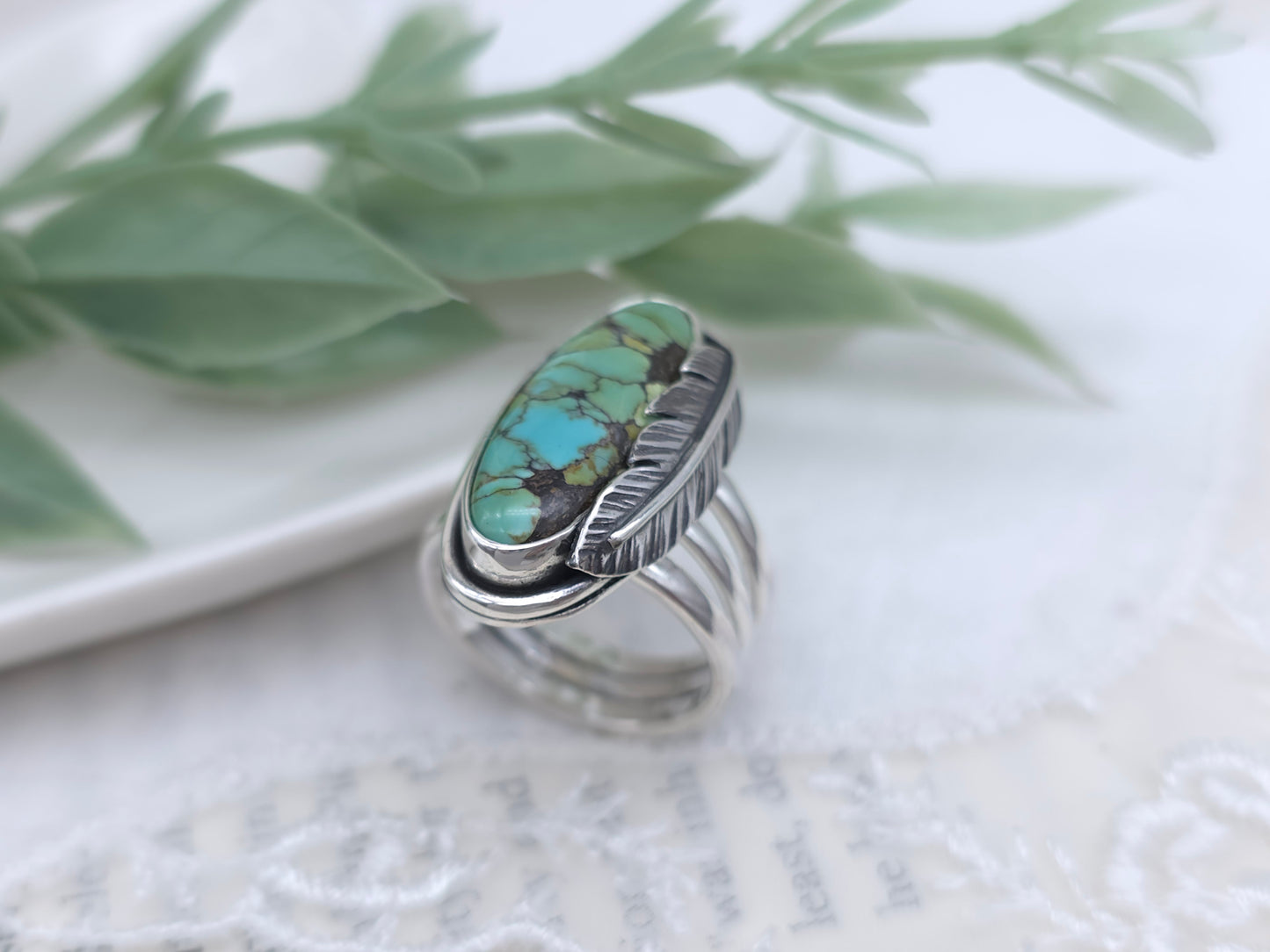 Sterling Silver Feathered Turquoise Ring Size 7