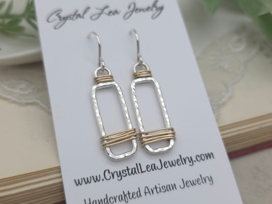 Sterling Silver & Gold Wrapped Rectangle Earrings