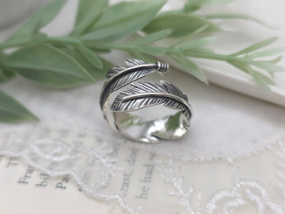 Sterling Feather Ring / Adjustable  / Bypass Ring /