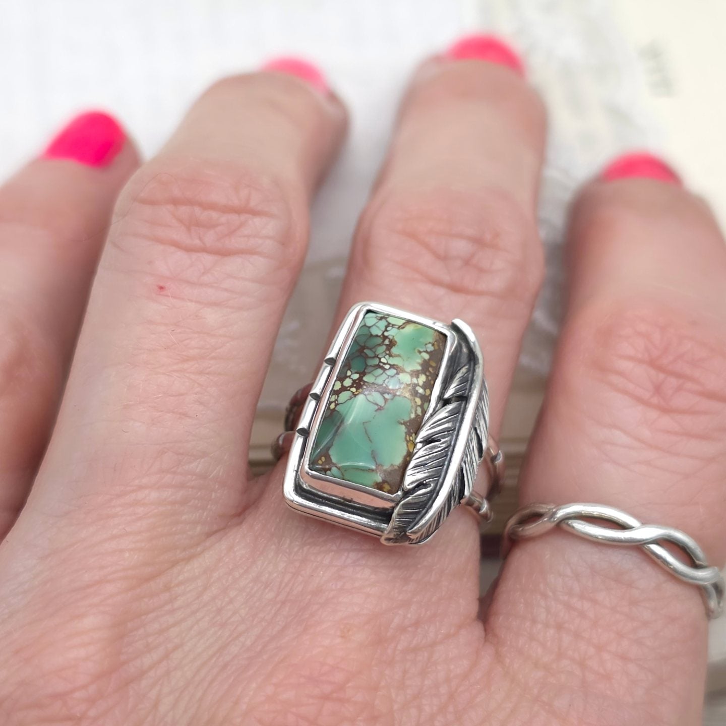 Sterling Silver & Feathered Turquoise Ring SIZE 7