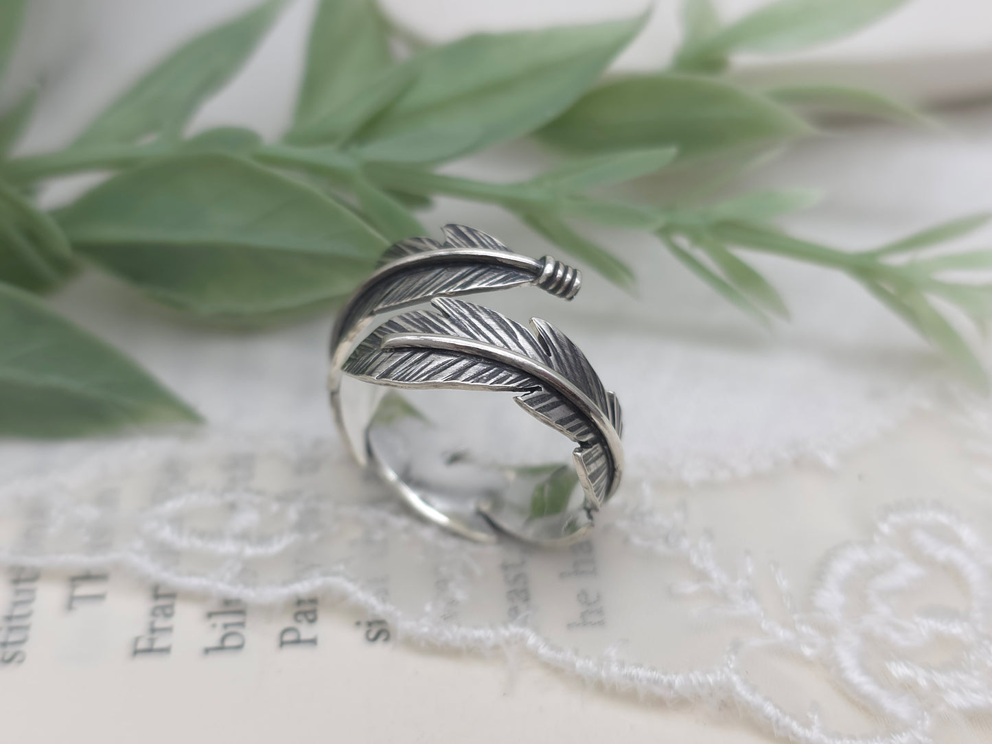Sterling Feather Ring / Adjustable  / Bypass Ring /