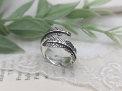 Sterling Feather Ring / Adjustable  / Bypass Ring /