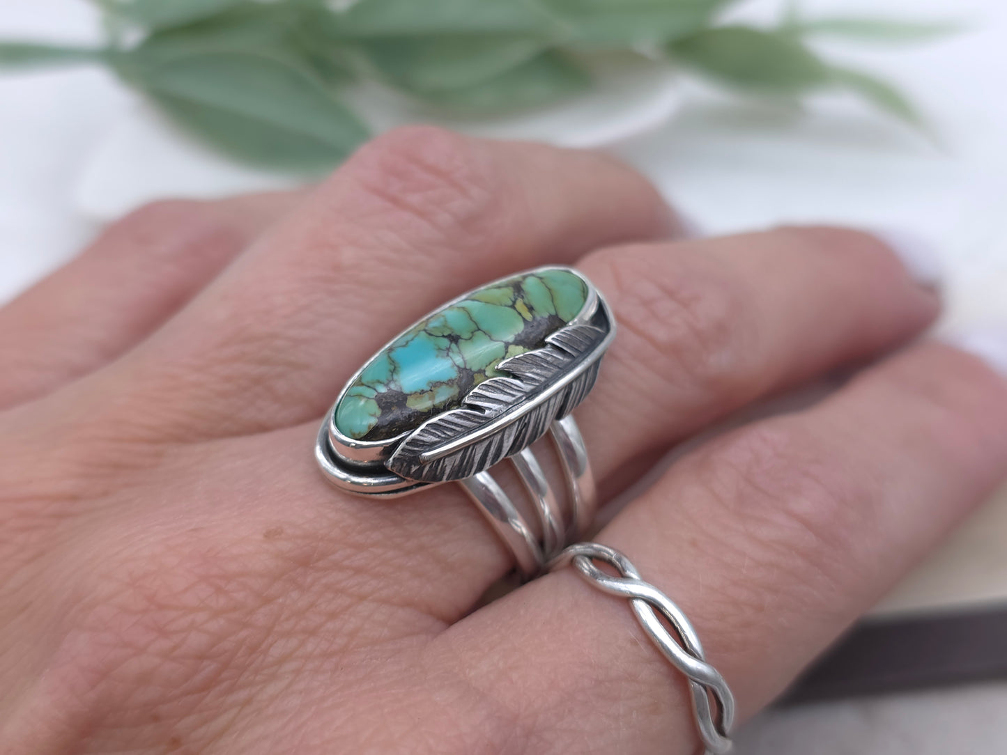 Sterling Silver Feathered Turquoise Ring Size 7
