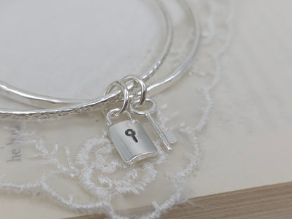 Sterling Silver Intertwined Lock & Key Bangle Set