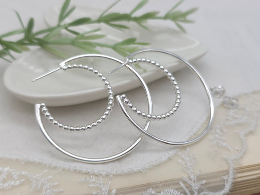 Sterling Silver Beaded Crescent Double Hoop