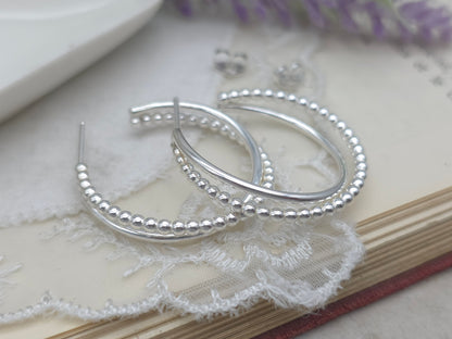 Sterling Silver Beaded Crossover Hoops