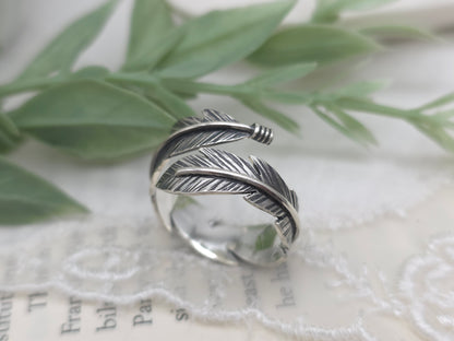 Sterling Feather Ring / Adjustable  / Bypass Ring /