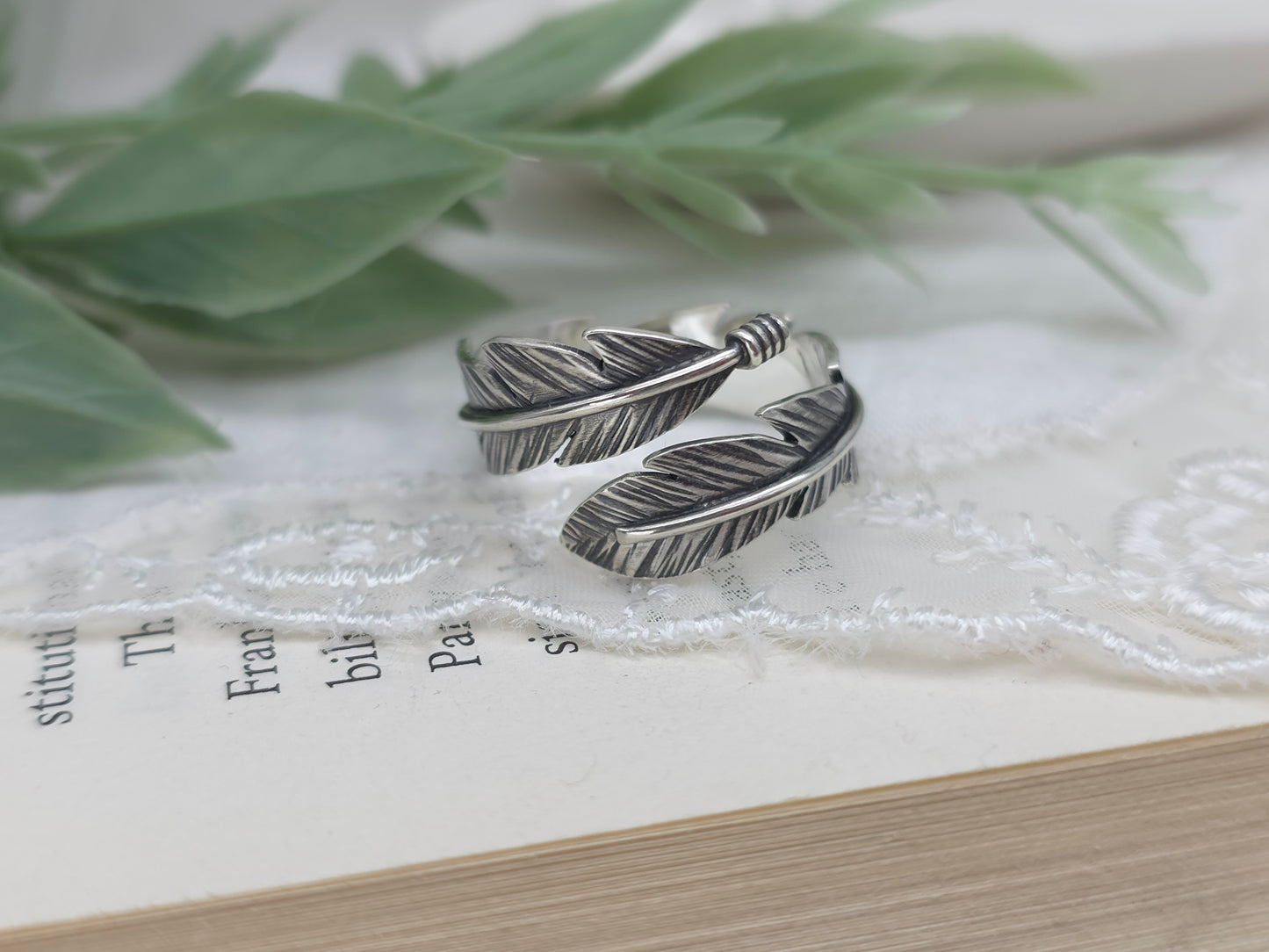 Sterling Feather Ring / Adjustable  / Bypass Ring /