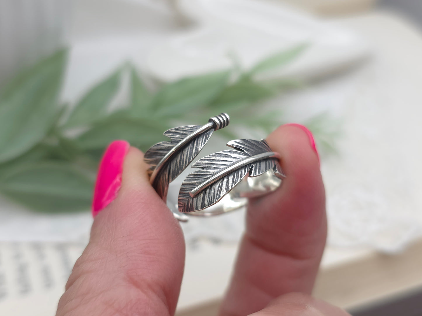 Sterling Feather Ring / Adjustable  / Bypass Ring /