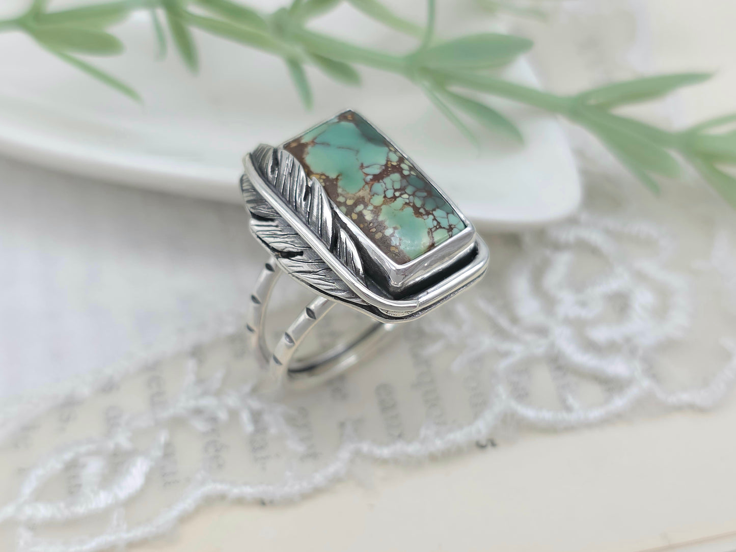 Sterling Silver & Feathered Turquoise Ring SIZE 7