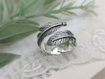 Sterling Feather Ring / Adjustable  / Bypass Ring /