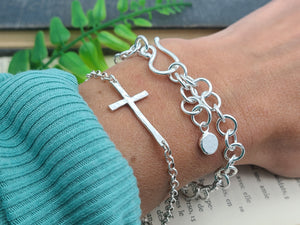 Sterling Hammered Sideways Cross Bracelet / Faith Bracelet / Sideways Cross / Inspirational Jewelry / Adjustable Bracelet