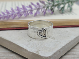 Sterling Heart Ring / Wide Band / Open Heart
