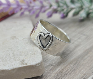 Sterling Heart Ring / Wide Band / Open Heart
