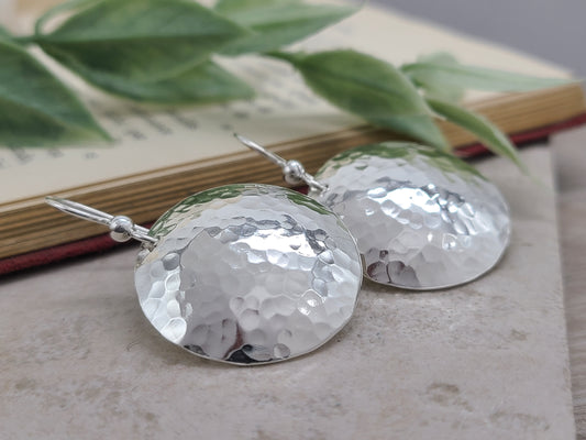 Large Sterling Hammered Round Domed Disc Earrings / 1" Disc  / Large Disc Earrings
