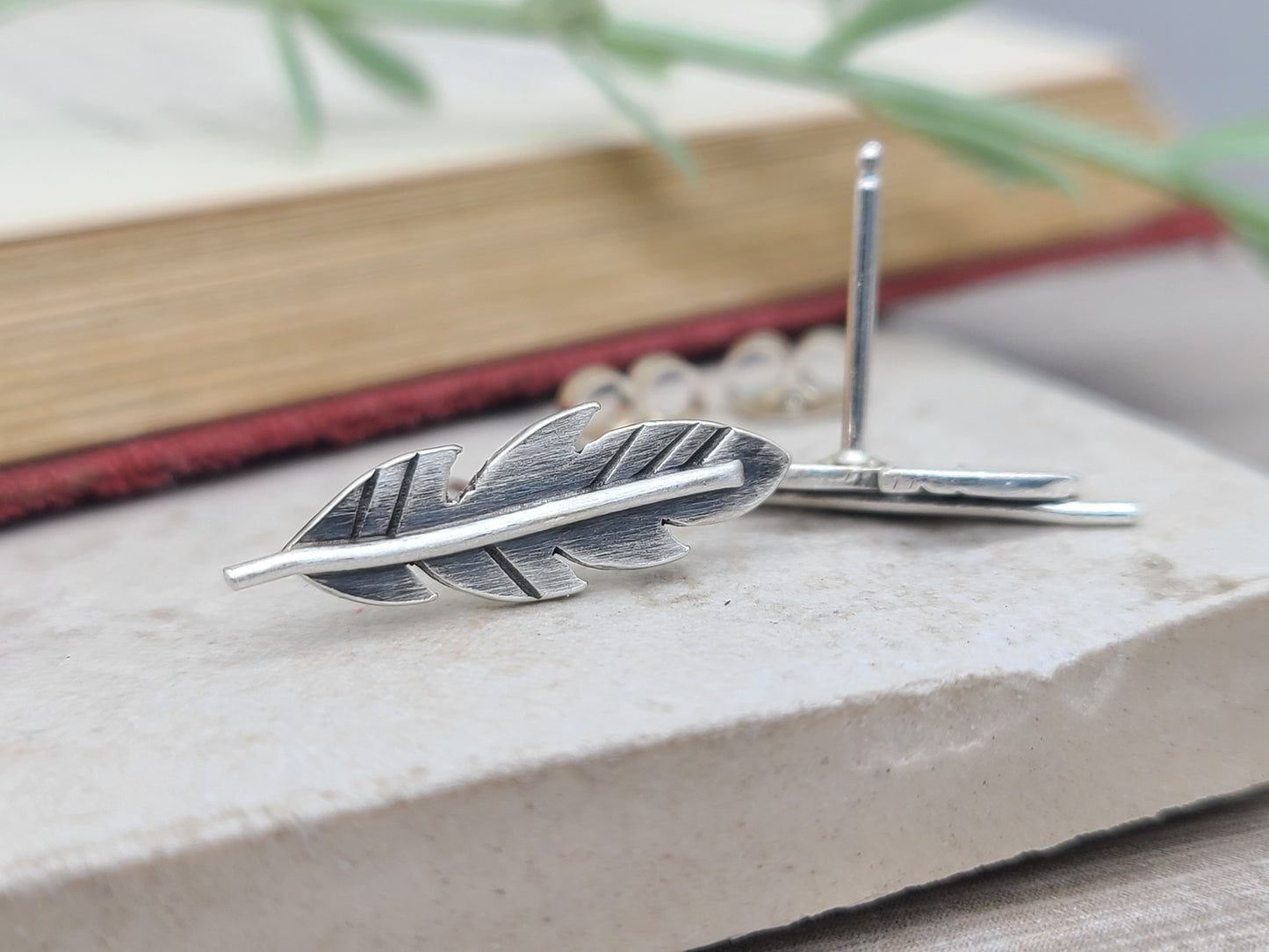 Sterling Silver Feather Stud Earrings / Feather Earrings / Climber Earrings / Gypsy / Tribal