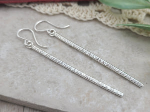 Sterling Hammered Stick Bar Long Earrings