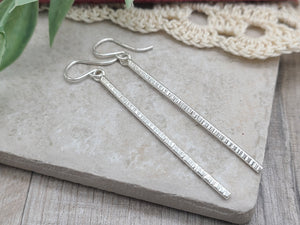 Sterling Hammered Stick Bar Long Earrings