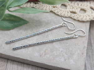 Sterling Hammered Stick Bar Long Earrings