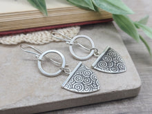 Load image into Gallery viewer, Sterling Silver Triangular Swirl Disc Drop Earrings
