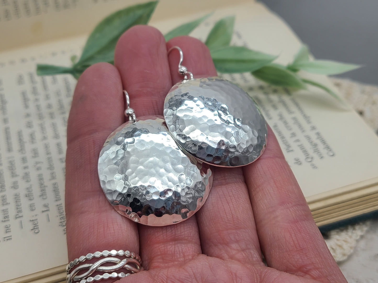 Large Sterling Hammered Round Domed Disc Earrings / 1" Disc  / Large Disc Earrings