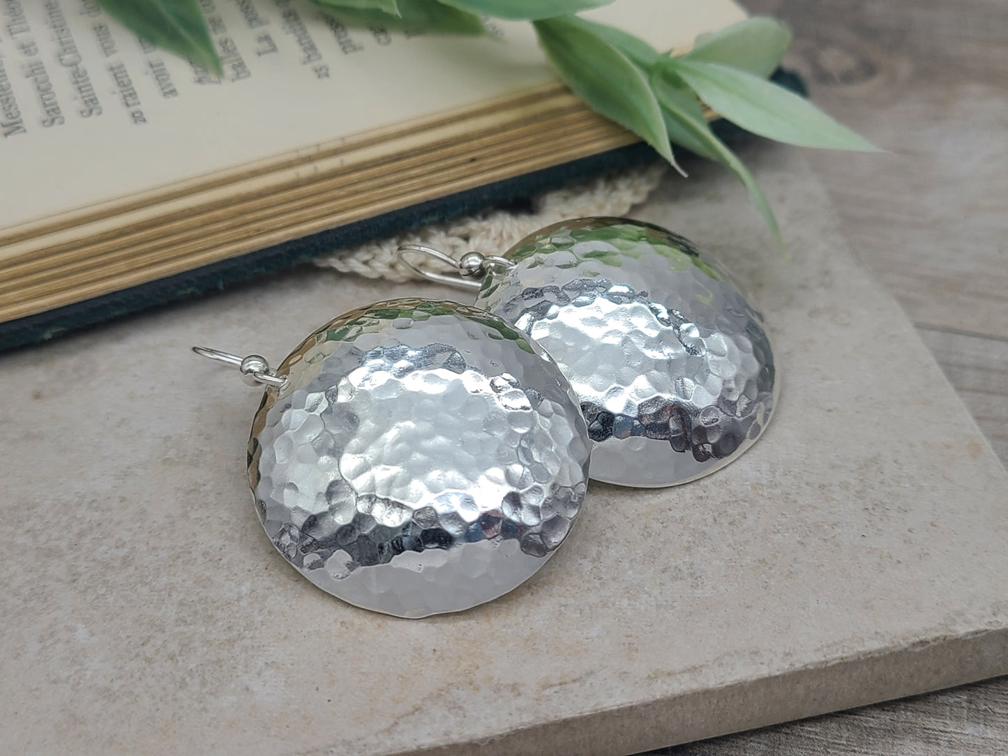 Large Sterling Hammered Round Domed Disc Earrings / 1" Disc  / Large Disc Earrings