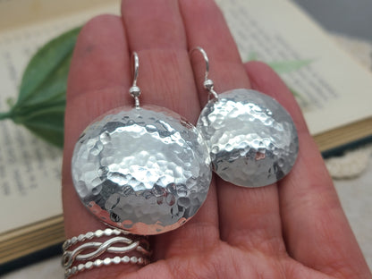 Large Sterling Hammered Round Domed Disc Earrings / 1" Disc  / Large Disc Earrings