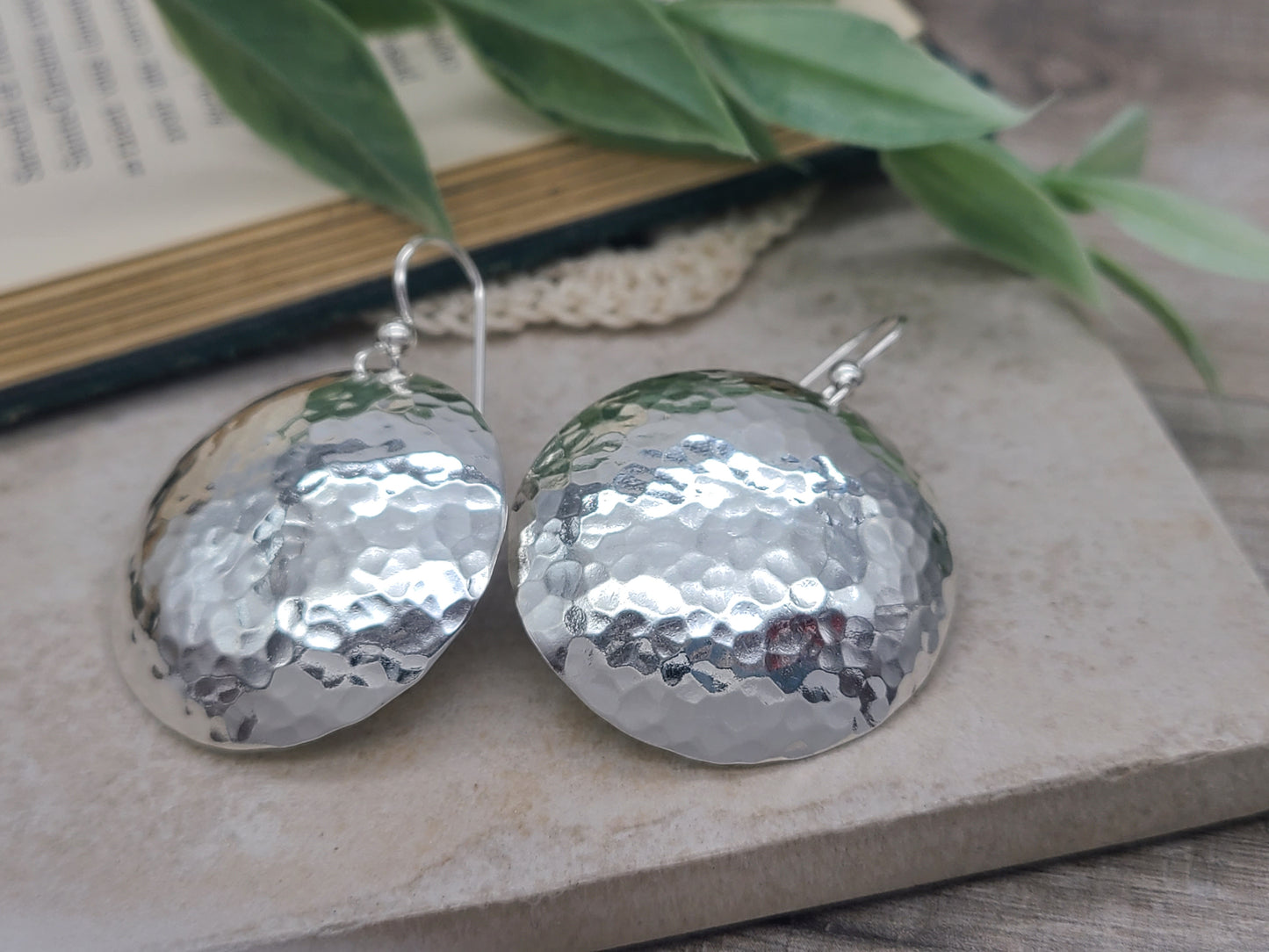 Large Sterling Hammered Round Domed Disc Earrings / 1" Disc  / Large Disc Earrings