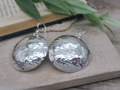 Large Sterling Hammered Round Domed Disc Earrings / 1" Disc  / Large Disc Earrings