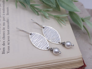 Sterling Silver Textured Marquis Pearl Earrings