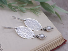 Load image into Gallery viewer, Sterling Silver Textured Marquis Pearl Earrings
