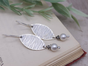 Sterling Silver Textured Marquis Pearl Earrings