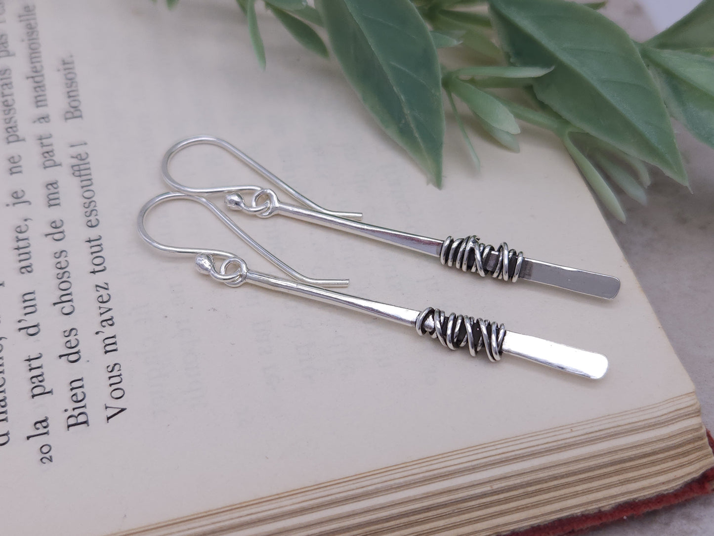 Sterling Silver Wrapped Stick Bar Long Earrings