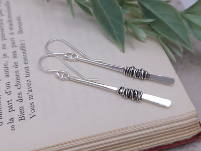 Sterling Silver Wrapped Stick Bar Long Earrings