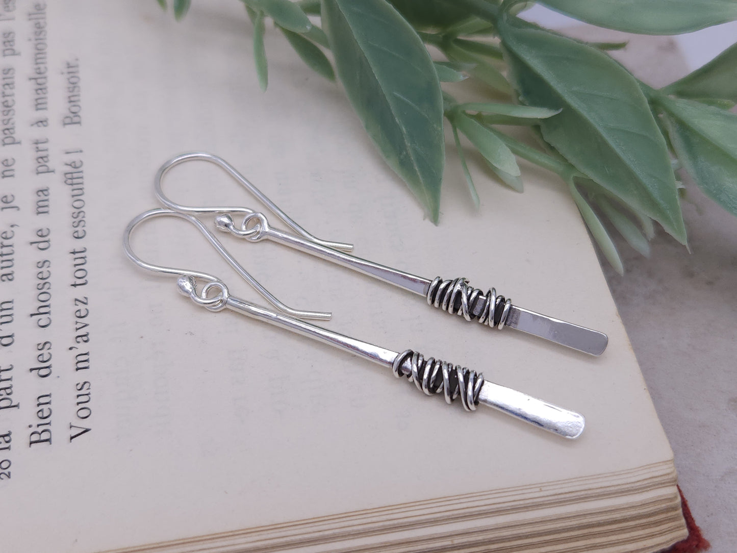 Sterling Silver Wrapped Stick Bar Long Earrings