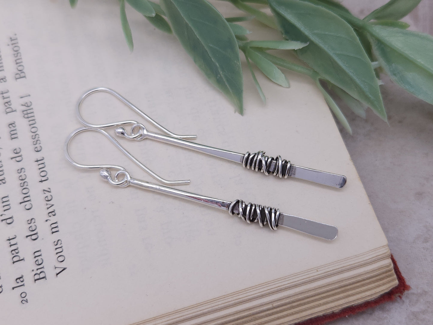 Sterling Silver Wrapped Stick Bar Long Earrings