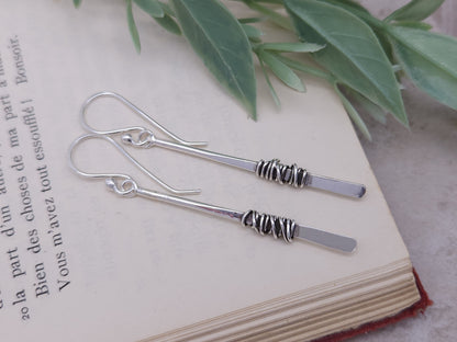 Sterling Silver Wrapped Stick Bar Long Earrings