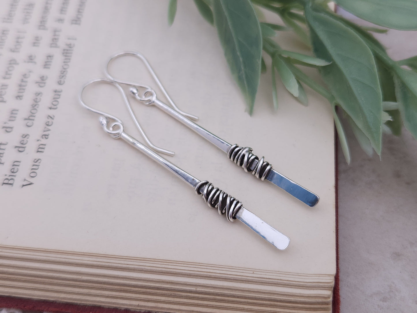 Sterling Silver Wrapped Stick Bar Long Earrings