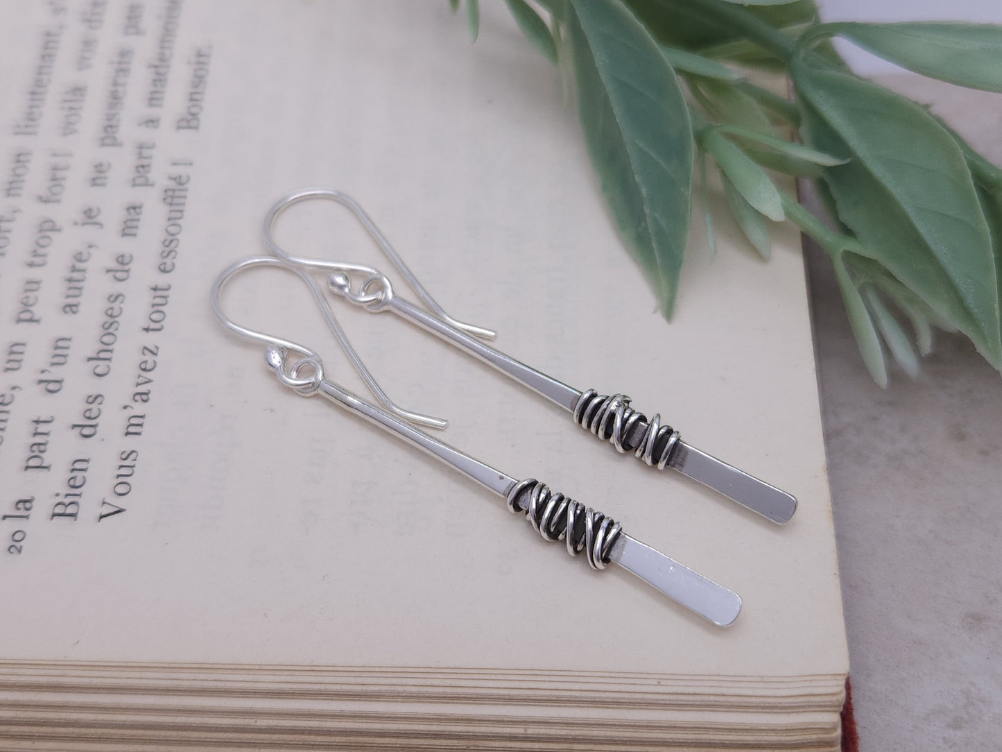 Sterling Silver Wrapped Stick Bar Long Earrings