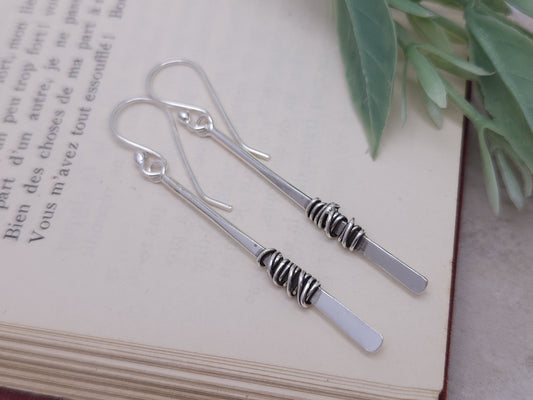 Sterling Silver Wrapped Stick Bar Long Earrings