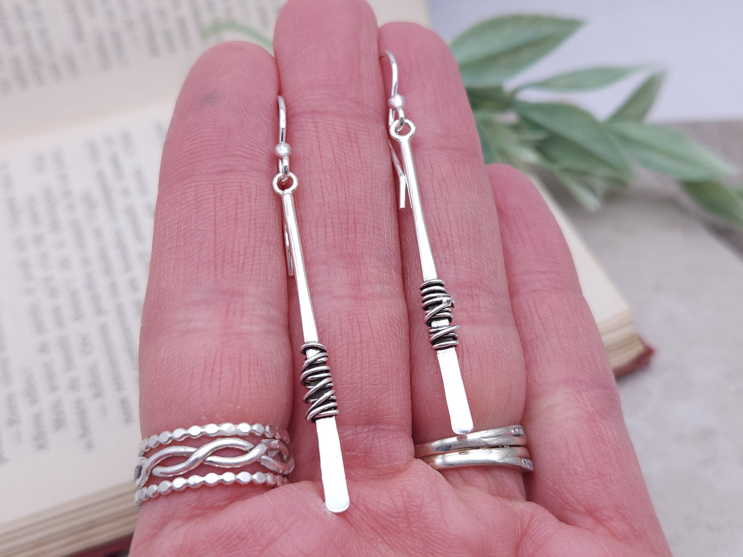 Sterling Silver Wrapped Stick Bar Long Earrings