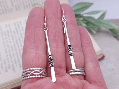 Sterling Silver Wrapped Stick Bar Long Earrings