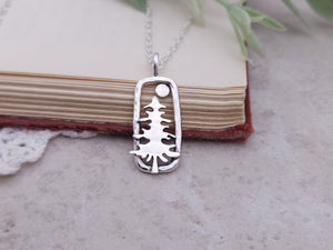 Sterling Silver Whimsical Pine Tree Rectangle Necklace