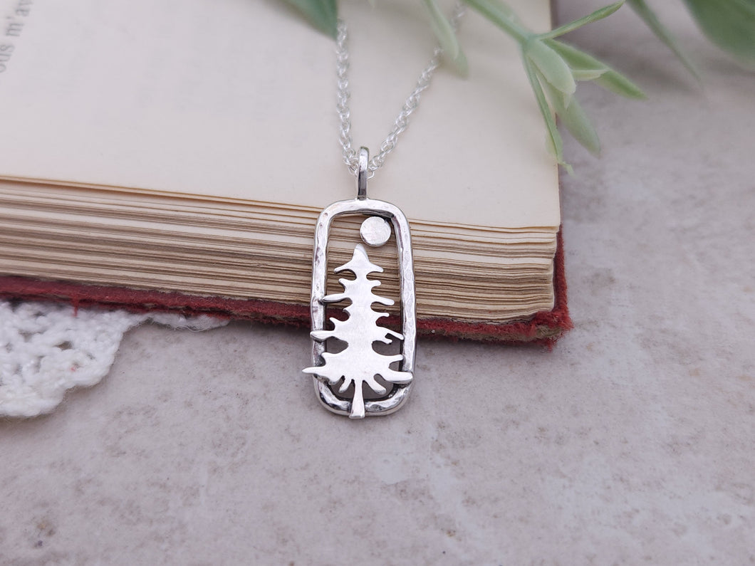 Sterling Silver Whimsical Pine Tree Rectangle Necklace