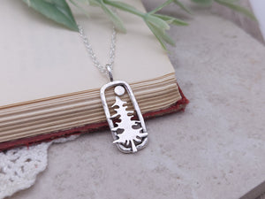 Sterling Silver Whimsical Pine Tree Rectangle Necklace