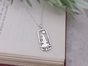 Sterling Silver Whimsical Pine Tree Rectangle Necklace