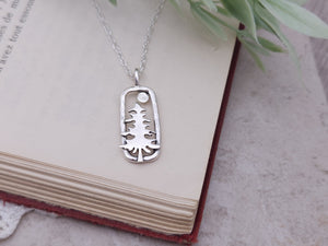 Sterling Silver Whimsical Pine Tree Rectangle Necklace