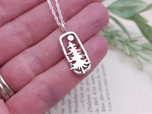 Sterling Silver Whimsical Pine Tree Rectangle Necklace