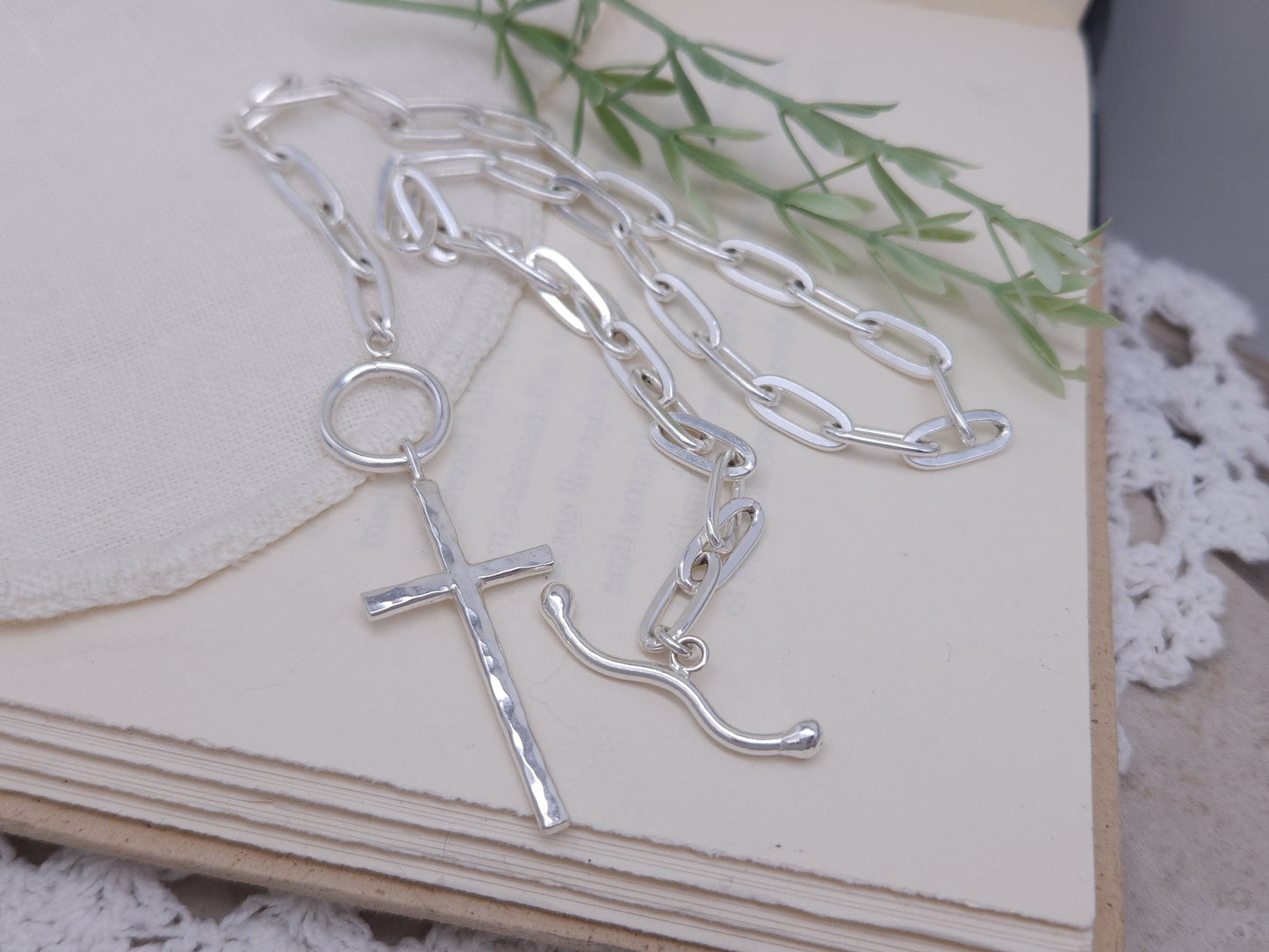Sterling Silver Large Cross Front Clasp Necklace